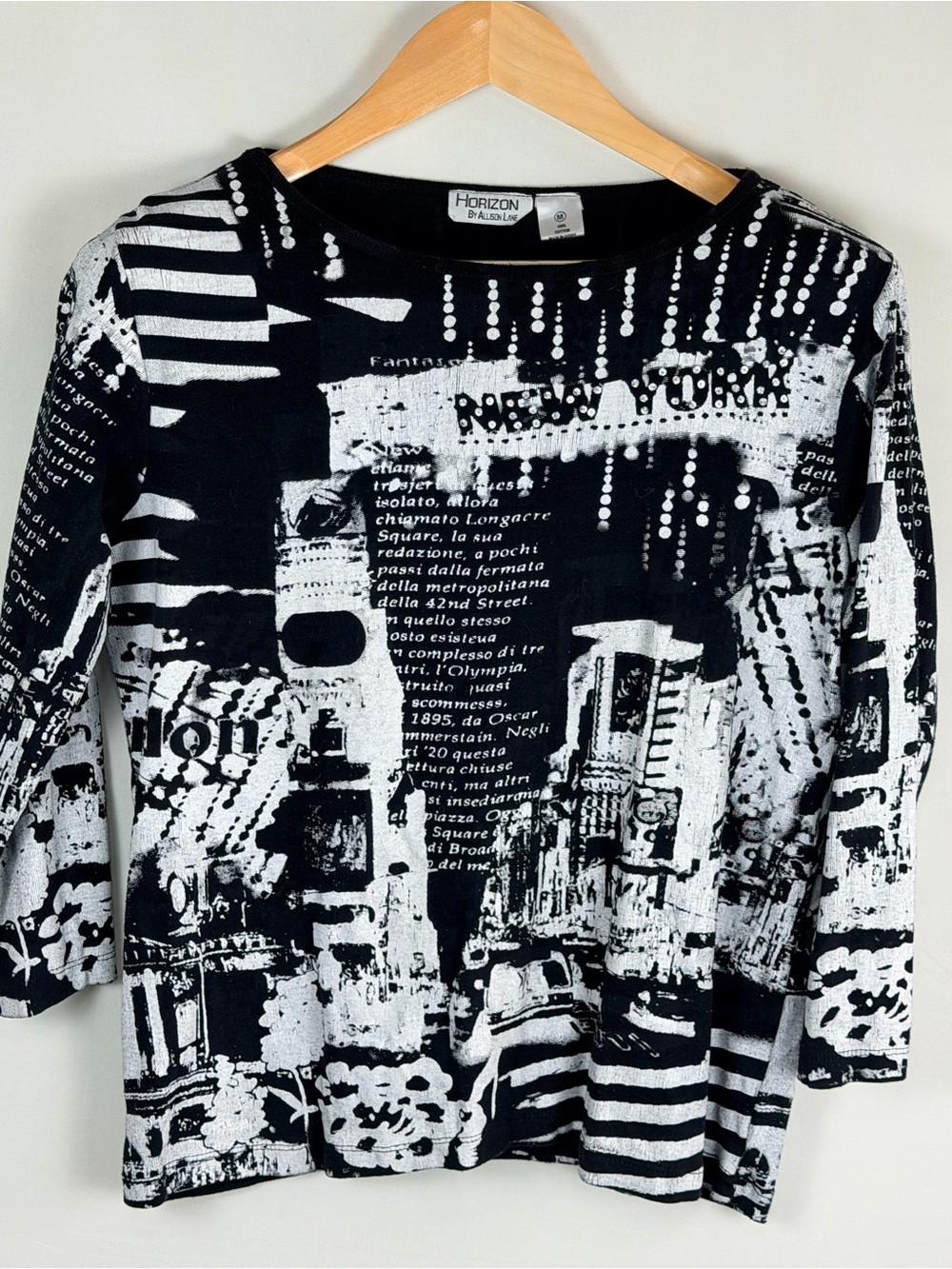 Horizon Allison Lane New York Graphic Top Black White 3/4 Sleeve M